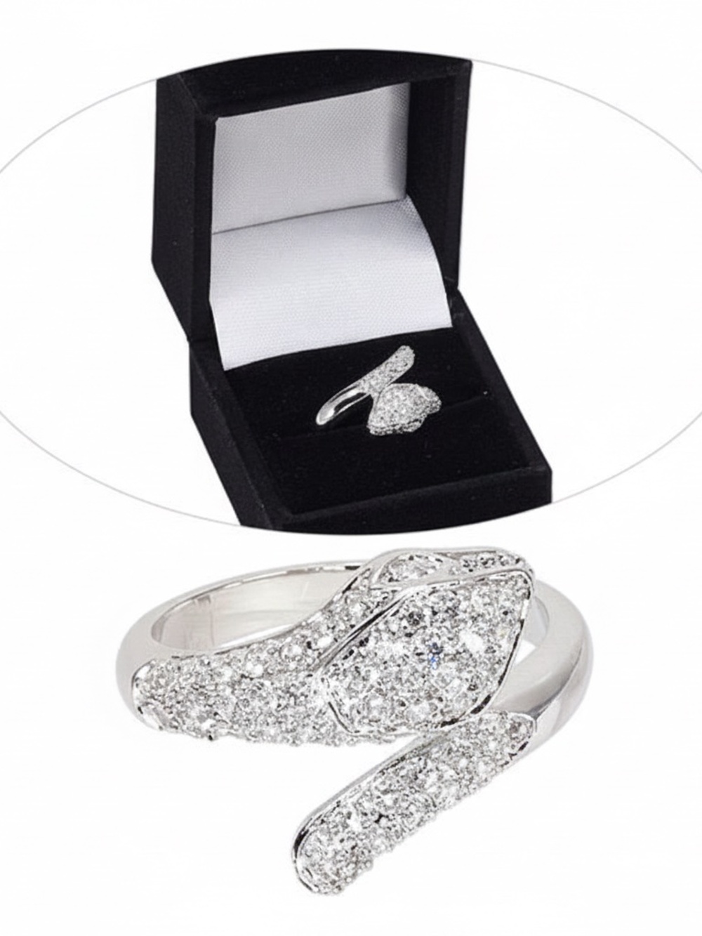 Womens Silver Tone Snake Zirconia Statement Ring Size 8
